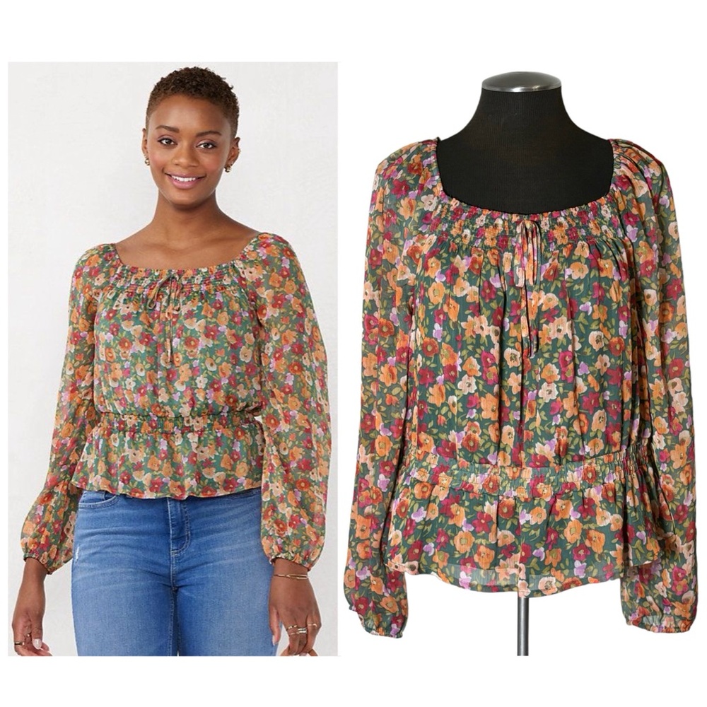 LC Lauren Conrad – Smocked Floral Square Neck Blouse – Large – NWT